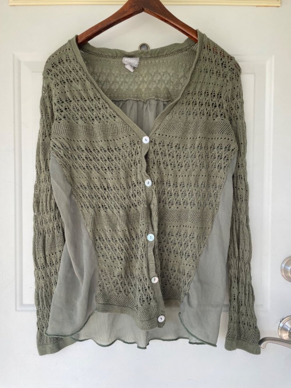 Vintage Vanity Boho Pointelle Knit Cardigan XL Sheer Cottagecore Green Indie